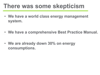 • We have a world class energy management
system.
• We have a comprehensive Best Practice Manual.
• We are already down 30% on energy
consumptions.
There was some skepticism
 
