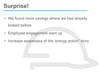• We found more savings where we had already
looked before
• Employee engagement went up
• Increase awareness of the ‘energy action” story
Surprise!
 