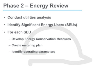 • Conduct utilities analysis
• Identify Significant Energy Users (SEUs)
• For each SEU
– Develop Energy Conservation Measures
– Create metering plan
– Identify operating parameters
Phase 2 – Energy Review
 