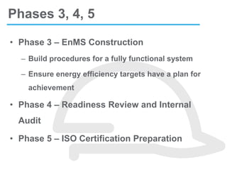 • Phase 3 – EnMS Construction
– Build procedures for a fully functional system
– Ensure energy efficiency targets have a plan for
achievement
• Phase 4 – Readiness Review and Internal
Audit
• Phase 5 – ISO Certification Preparation
Phases 3, 4, 5
 