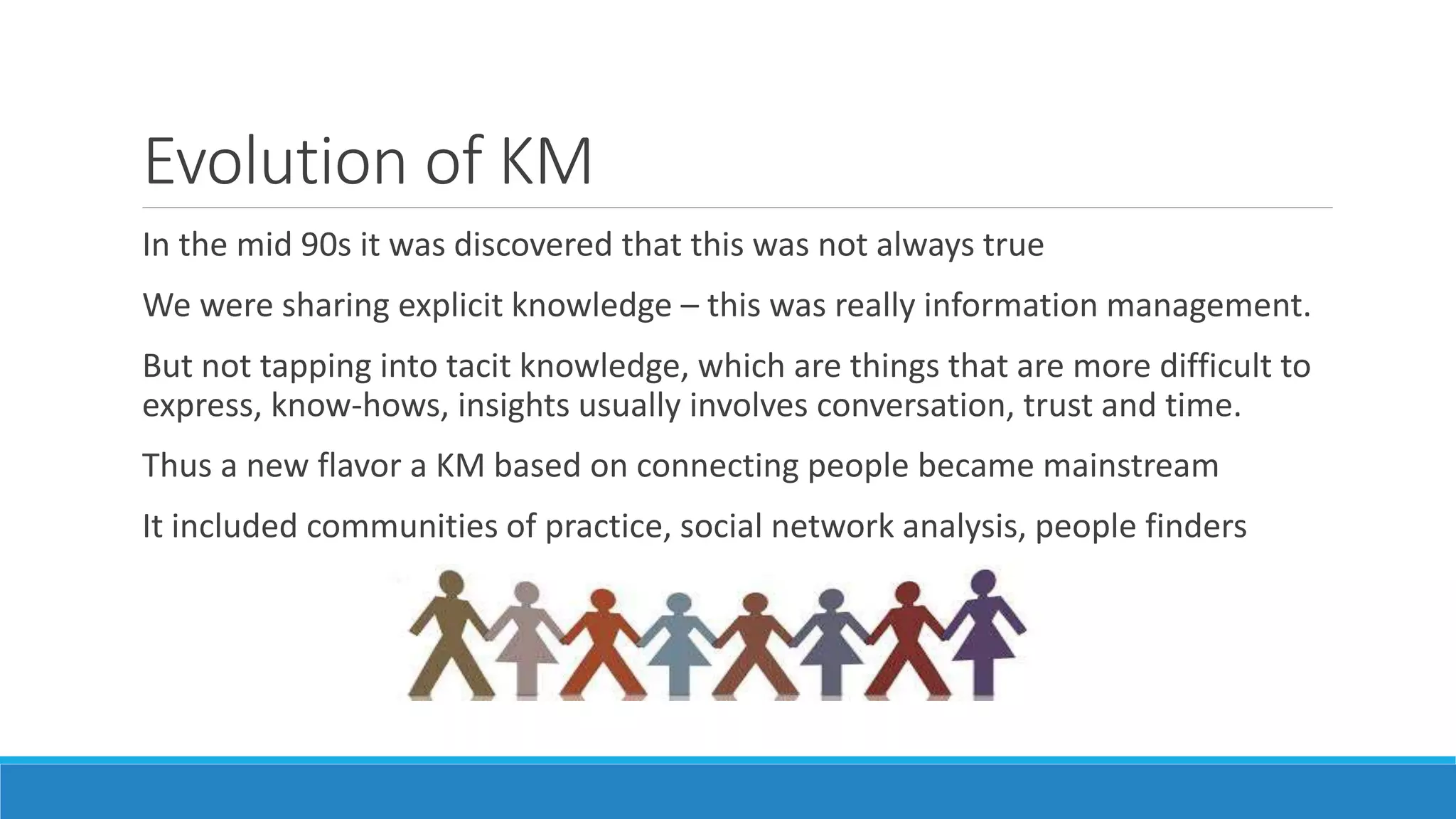 Evolution of KM
In the mid 90s it was discovered that this was not always true
We were sharing explicit knowledge – this was really information management.
But not tapping into tacit knowledge, which are things that are more difficult to
express, know-hows, insights usually involves conversation, trust and time.
Thus a new flavor a KM based on connecting people became mainstream
It included communities of practice, social network analysis, people finders
 