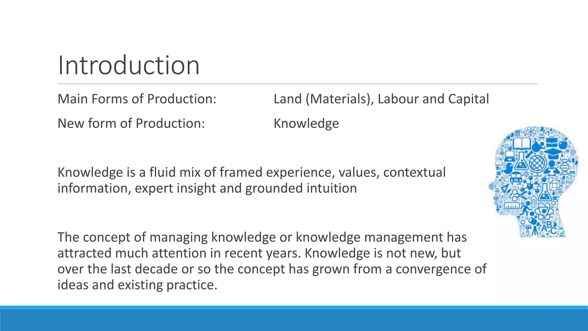 Introduction
Main Forms of Production: Land (Materials), Labour and Capital
New form of Production: Knowledge
Knowledge is a fluid mix of framed experience, values, contextual
information, expert insight and grounded intuition
The concept of managing knowledge or knowledge management has
attracted much attention in recent years. Knowledge is not new, but
over the last decade or so the concept has grown from a convergence of
ideas and existing practice.
 