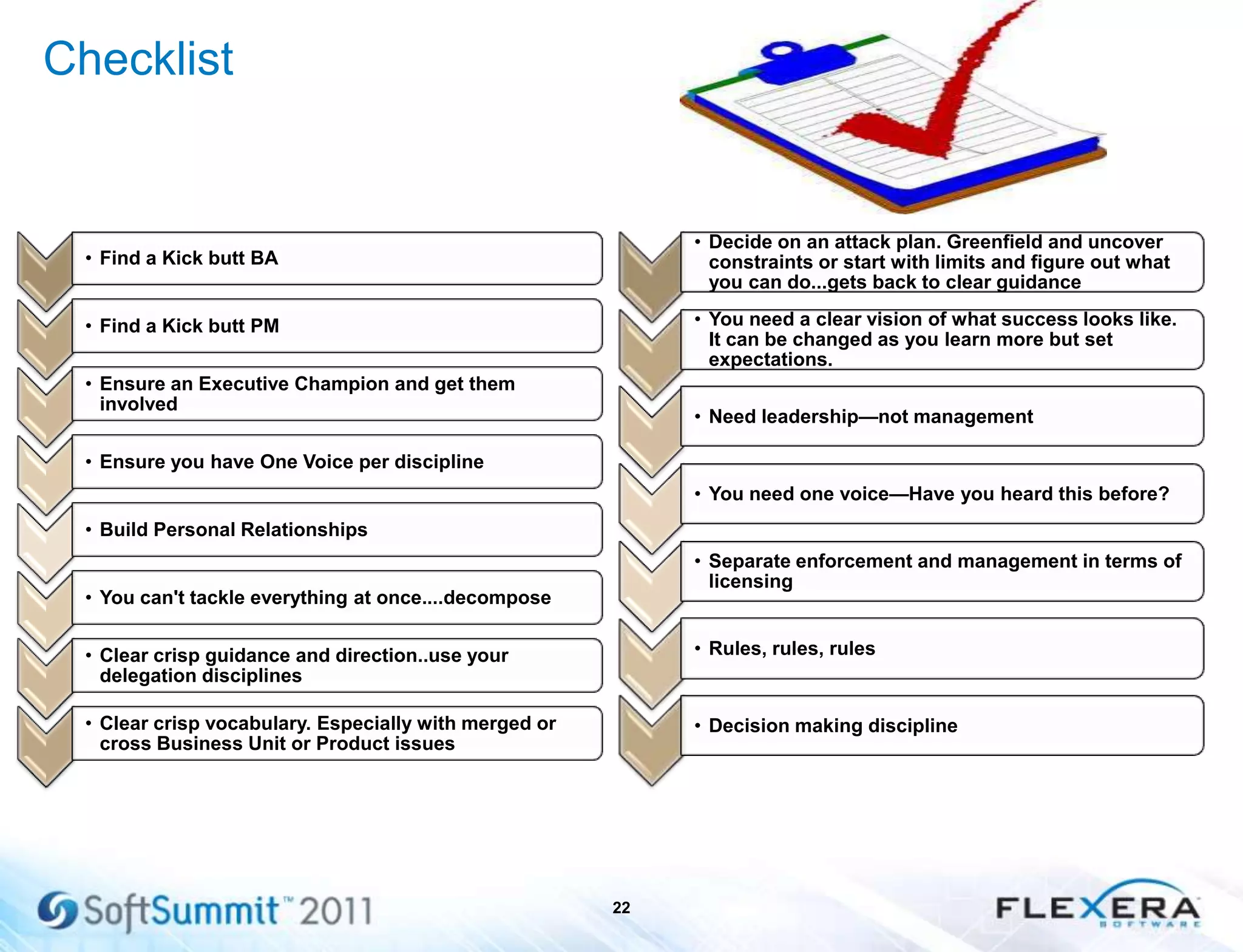 Checklist
22
• Find a Kick butt BA
• Find a Kick butt PM
• Ensure an Executive Champion and get them
involved
• Ensure you have One Voice per discipline
• Build Personal Relationships
• You can't tackle everything at once....decompose
• Clear crisp guidance and direction..use your
delegation disciplines
• Clear crisp vocabulary. Especially with merged or
cross Business Unit or Product issues
• Decide on an attack plan. Greenfield and uncover
constraints or start with limits and figure out what
you can do...gets back to clear guidance
• You need a clear vision of what success looks like.
It can be changed as you learn more but set
expectations.
• Need leadership—not management
• You need one voice—Have you heard this before?
• Separate enforcement and management in terms of
licensing
• Rules, rules, rules
• Decision making discipline
 