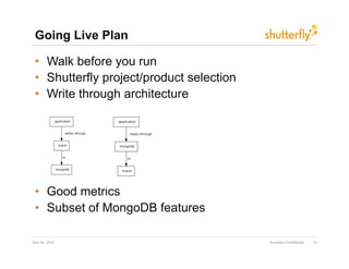 Going Live Plan

 •  Walk before you run
 •  Shutterfly project/product selection
 •  Write through architecture

 •  




 •  Good metrics
 •  Subset of MongoDB features

April 30, 2010                             Business Confidential   10
 