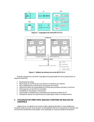 FBD
C:= A AND NOT B
A B C
-| |--|/|----------------( )
LD A
ANDN B
ST C
AND
A C
B
LD
IL ST
Passo 1 N Enche
Passo 3
Passo 2 S Esvazia
Transição 1
Transição 2
SFC
FBD
C:= A AND NOT B
A B C
-| |--|/|----------------( )
C:= A AND NOT B
A B C
-| |--|/|----------------( )
LD A
ANDN B
ST C
AND
A C
B
LD A
ANDN B
ST C
AND
A C
B
LD
IL ST
Passo 1 N Enche
Passo 3
Passo 2 S Esvazia
Transição 1
Transição 2
Passo 1 N Enche
Passo 3
Passo 2 S Esvazia
Transição 1
Transição 2
Transição 1
Transição 2
SFC
Figura 2 – Linguagens da norma IEC 61131-3
Figura 3 – Modelo de software da norma IEC 61131-3
A devida utilização dos conceitos e linguagens de programação da norma proporcionam os
seguintes benefícios:
• Reutilização de código
• Minimização da ocorrência de erros devido à consistência por software
• Maior facilidade para entendimento do programa de controle
• Atendimento pleno às necessidades de controle para processos discretos e contínuos
• Otimização do uso da CPU do controlador
• Facilidade de manutenção e treinamento
• Estruturação e facilidade para compartilhamento da base de dados do CP
• Redução do esforço de engenharia para programação, testes e comissionamento
4 UTILIZAÇÃO DO PIMS PARA ANÁLISE E SINTONIA DE MALHAS DE
CONTROLE
Apesar de ser um algoritmo de controle antigo e bastante difundido no meio acadêmico e
industrial, observa-se que, de forma geral, os controladores PID em funcionamento na indústria não
se encontram devidamente sintonizados, como destacado em diversos trabalhos da literatura.
 