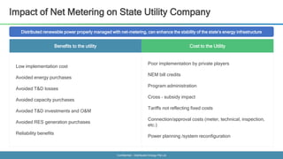 Confidential - Distributed Energy Pte Ltd
Impact of Net Metering on State Utility Company
Distributed renewable power properly managed with net-metering, can enhance the stability of the state’s energy infrastructure
Benefits to the utility Cost to the Utility
Low implementation cost
Avoided energy purchases
Avoided T&D losses
Avoided capacity purchases
Avoided T&D investments and O&M
Avoided RES generation purchases
Reliability benefits
Poor implementation by private players
NEM bill credits
Program administration
Cross – subsidy impact
Tariffs not reflecting fixed costs
Connection/approval costs (meter, technical, inspection,
etc.)
Power planning /system reconfiguration
 