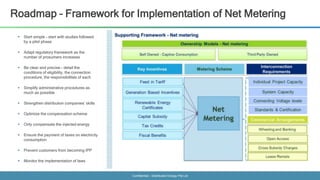 Confidential - Distributed Energy Pte Ltd
Roadmap – Framework for Implementation of Net Metering
 Start simple - start with studies followed
by a pilot phase
 Adapt regulatory framework as the
number of prosumers increases
 Be clear and precise - detail the
conditions of eligibility, the connection
procedure, the responsibilities of each
 Simplify administrative procedures as
much as possible
 Strengthen distribution companies’ skills
 Optimize the compensation scheme
 Only compensate the injected energy
 Ensure the payment of taxes on electricity
consumption
 Prevent customers from becoming IPP
 Monitor the implementation of laws
 