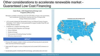 Confidential - Distributed Energy Pte Ltd
Other considerations to accelerate renewable market -
Guaranteed Low Cost Financing
Case Study - USA Department of Energy Loan
Programs Office (LPO)
Manages a portfolio comprising more than $30 billion of loans, loan guarantees,
and conditional commitments covering more than 30 large-scale
energy infrastructure projects
IMPACT
 Previous RE projects unable to obtain commercial financing due to perceived
risks now have full financial support.
 State-wide RE targets in terms of deployment and avoided GHG emissions on
track.
 Accelerated growth of distributed RE technology, particularly solar and wind
 LPO recently initiated the Renewable Energy and Efficient Energy Projects
Solicitation - $ 4.5 billion in loan guarantees to support smaller-scale RE and
energy efficient projects.
 Available for 5 catalytic technology areas:
 Advanced Grid Integration and Storage
 Drop-in Biofuels
 Waste-to-Energy
 Enhancement of Existing Energy Facilities
 Efficiency Improvements
 