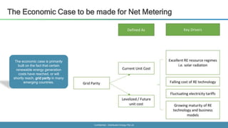 Confidential - Distributed Energy Pte Ltd
The Economic Case to be made for Net Metering
The economic case is primarily
built on the fact that certain
renewable energy generation
costs have reached, or will
shortly reach, grid parity in many
emerging countries.
 