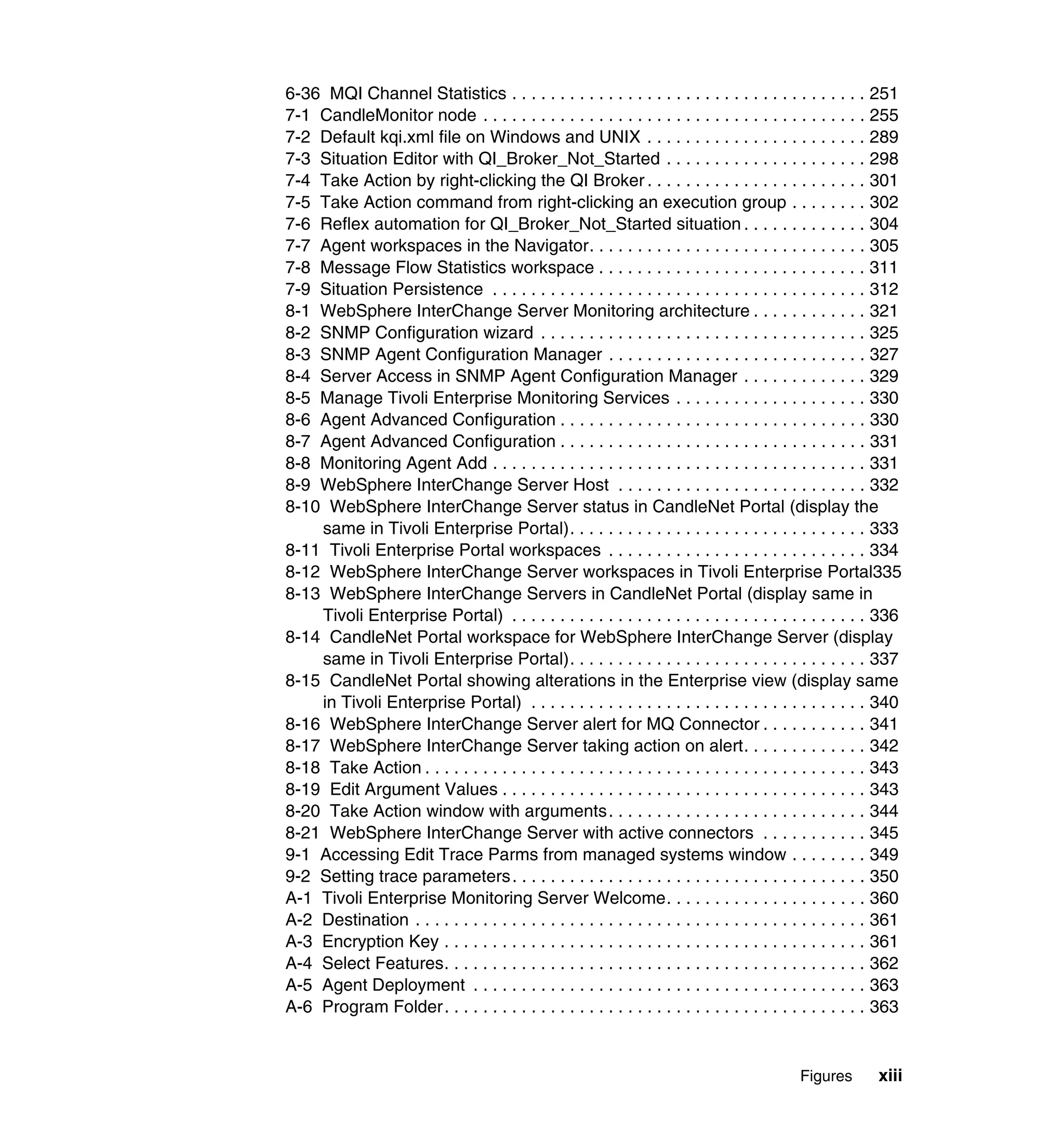 6-36 MQI Channel Statistics . . . . . . . . . . . . . . . . . . . . . . . . . . . . . . . . . . . . . 251
7-1 CandleMonitor node . . . . . . . . . . . . . . . . . . . . . . . . . . . . . . . . . . . . . . . . 255
7-2 Default kqi.xml file on Windows and UNIX . . . . . . . . . . . . . . . . . . . . . . . 289
7-3 Situation Editor with QI_Broker_Not_Started . . . . . . . . . . . . . . . . . . . . . 298
7-4 Take Action by right-clicking the QI Broker . . . . . . . . . . . . . . . . . . . . . . . 301
7-5 Take Action command from right-clicking an execution group . . . . . . . . 302
7-6 Reflex automation for QI_Broker_Not_Started situation . . . . . . . . . . . . . 304
7-7 Agent workspaces in the Navigator. . . . . . . . . . . . . . . . . . . . . . . . . . . . . 305
7-8 Message Flow Statistics workspace . . . . . . . . . . . . . . . . . . . . . . . . . . . . 311
7-9 Situation Persistence . . . . . . . . . . . . . . . . . . . . . . . . . . . . . . . . . . . . . . . 312
8-1 WebSphere InterChange Server Monitoring architecture . . . . . . . . . . . . 321
8-2 SNMP Configuration wizard . . . . . . . . . . . . . . . . . . . . . . . . . . . . . . . . . . 325
8-3 SNMP Agent Configuration Manager . . . . . . . . . . . . . . . . . . . . . . . . . . . 327
8-4 Server Access in SNMP Agent Configuration Manager . . . . . . . . . . . . . 329
8-5 Manage Tivoli Enterprise Monitoring Services . . . . . . . . . . . . . . . . . . . . 330
8-6 Agent Advanced Configuration . . . . . . . . . . . . . . . . . . . . . . . . . . . . . . . . 330
8-7 Agent Advanced Configuration . . . . . . . . . . . . . . . . . . . . . . . . . . . . . . . . 331
8-8 Monitoring Agent Add . . . . . . . . . . . . . . . . . . . . . . . . . . . . . . . . . . . . . . . 331
8-9 WebSphere InterChange Server Host . . . . . . . . . . . . . . . . . . . . . . . . . . 332
8-10 WebSphere InterChange Server status in CandleNet Portal (display the
    same in Tivoli Enterprise Portal). . . . . . . . . . . . . . . . . . . . . . . . . . . . . . . 333
8-11 Tivoli Enterprise Portal workspaces . . . . . . . . . . . . . . . . . . . . . . . . . . . 334
8-12 WebSphere InterChange Server workspaces in Tivoli Enterprise Portal335
8-13 WebSphere InterChange Servers in CandleNet Portal (display same in
    Tivoli Enterprise Portal) . . . . . . . . . . . . . . . . . . . . . . . . . . . . . . . . . . . . . 336
8-14 CandleNet Portal workspace for WebSphere InterChange Server (display
    same in Tivoli Enterprise Portal). . . . . . . . . . . . . . . . . . . . . . . . . . . . . . . 337
8-15 CandleNet Portal showing alterations in the Enterprise view (display same
    in Tivoli Enterprise Portal) . . . . . . . . . . . . . . . . . . . . . . . . . . . . . . . . . . . 340
8-16 WebSphere InterChange Server alert for MQ Connector . . . . . . . . . . . 341
8-17 WebSphere InterChange Server taking action on alert. . . . . . . . . . . . . 342
8-18 Take Action . . . . . . . . . . . . . . . . . . . . . . . . . . . . . . . . . . . . . . . . . . . . . . 343
8-19 Edit Argument Values . . . . . . . . . . . . . . . . . . . . . . . . . . . . . . . . . . . . . . 343
8-20 Take Action window with arguments. . . . . . . . . . . . . . . . . . . . . . . . . . . 344
8-21 WebSphere InterChange Server with active connectors . . . . . . . . . . . 345
9-1 Accessing Edit Trace Parms from managed systems window . . . . . . . . 349
9-2 Setting trace parameters. . . . . . . . . . . . . . . . . . . . . . . . . . . . . . . . . . . . . 350
A-1 Tivoli Enterprise Monitoring Server Welcome. . . . . . . . . . . . . . . . . . . . . 360
A-2 Destination . . . . . . . . . . . . . . . . . . . . . . . . . . . . . . . . . . . . . . . . . . . . . . . 361
A-3 Encryption Key . . . . . . . . . . . . . . . . . . . . . . . . . . . . . . . . . . . . . . . . . . . . 361
A-4 Select Features. . . . . . . . . . . . . . . . . . . . . . . . . . . . . . . . . . . . . . . . . . . . 362
A-5 Agent Deployment . . . . . . . . . . . . . . . . . . . . . . . . . . . . . . . . . . . . . . . . . 363
A-6 Program Folder. . . . . . . . . . . . . . . . . . . . . . . . . . . . . . . . . . . . . . . . . . . . 363


                                                                                              Figures       xiii
 