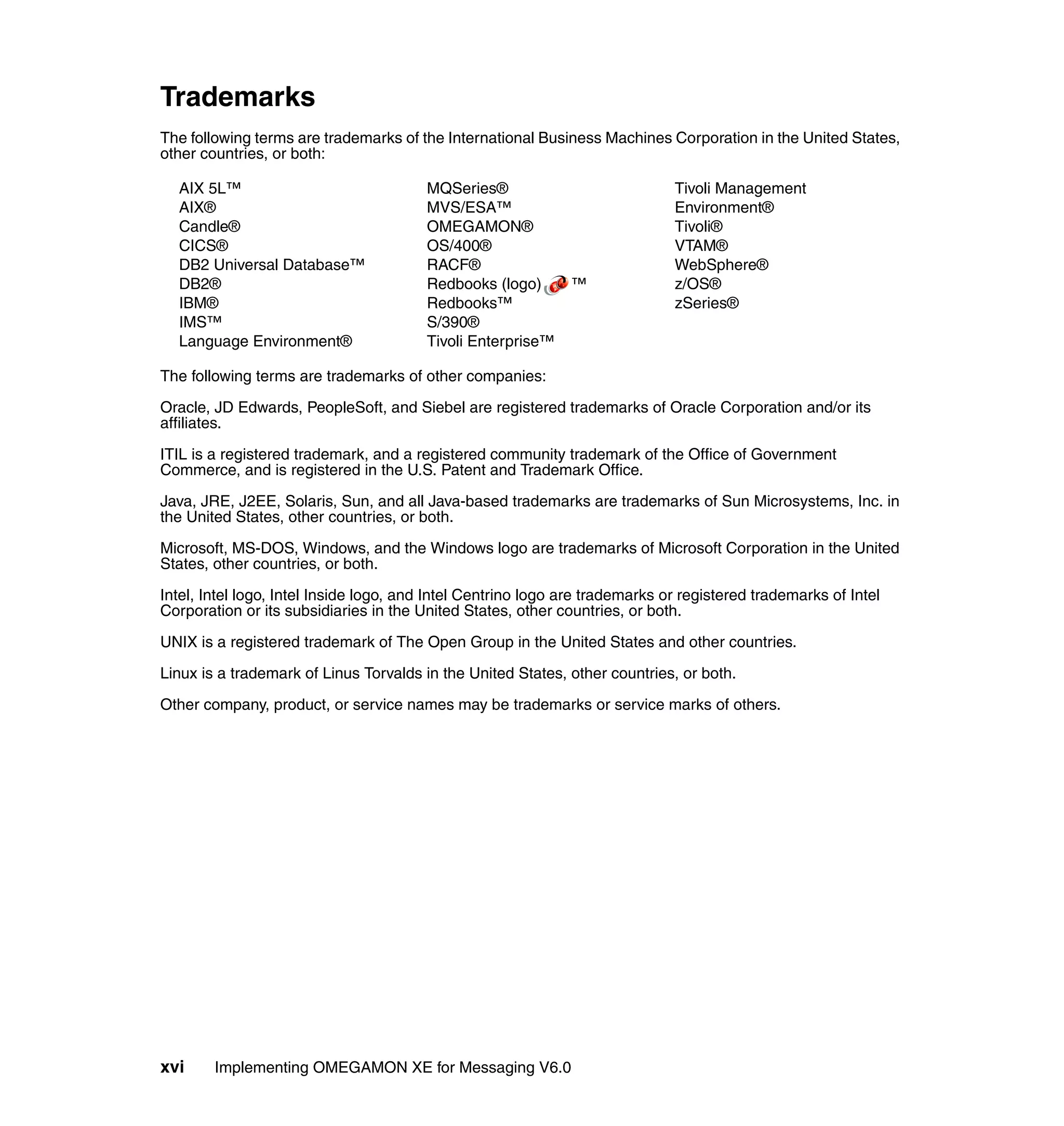 Trademarks
The following terms are trademarks of the International Business Machines Corporation in the United States,
other countries, or both:

  AIX 5L™                               MQSeries®                             Tivoli Management
  AIX®                                  MVS/ESA™                              Environment®
  Candle®                               OMEGAMON®                             Tivoli®
  CICS®                                 OS/400®                               VTAM®
  DB2 Universal Database™               RACF®                                 WebSphere®
  DB2®                                  Redbooks (logo)       ™               z/OS®
  IBM®                                  Redbooks™                             zSeries®
  IMS™                                  S/390®
  Language Environment®                 Tivoli Enterprise™

The following terms are trademarks of other companies:

Oracle, JD Edwards, PeopleSoft, and Siebel are registered trademarks of Oracle Corporation and/or its
affiliates.

ITIL is a registered trademark, and a registered community trademark of the Office of Government
Commerce, and is registered in the U.S. Patent and Trademark Office.

Java, JRE, J2EE, Solaris, Sun, and all Java-based trademarks are trademarks of Sun Microsystems, Inc. in
the United States, other countries, or both.

Microsoft, MS-DOS, Windows, and the Windows logo are trademarks of Microsoft Corporation in the United
States, other countries, or both.

Intel, Intel logo, Intel Inside logo, and Intel Centrino logo are trademarks or registered trademarks of Intel
Corporation or its subsidiaries in the United States, other countries, or both.

UNIX is a registered trademark of The Open Group in the United States and other countries.

Linux is a trademark of Linus Torvalds in the United States, other countries, or both.

Other company, product, or service names may be trademarks or service marks of others.




xvi     Implementing OMEGAMON XE for Messaging V6.0
 