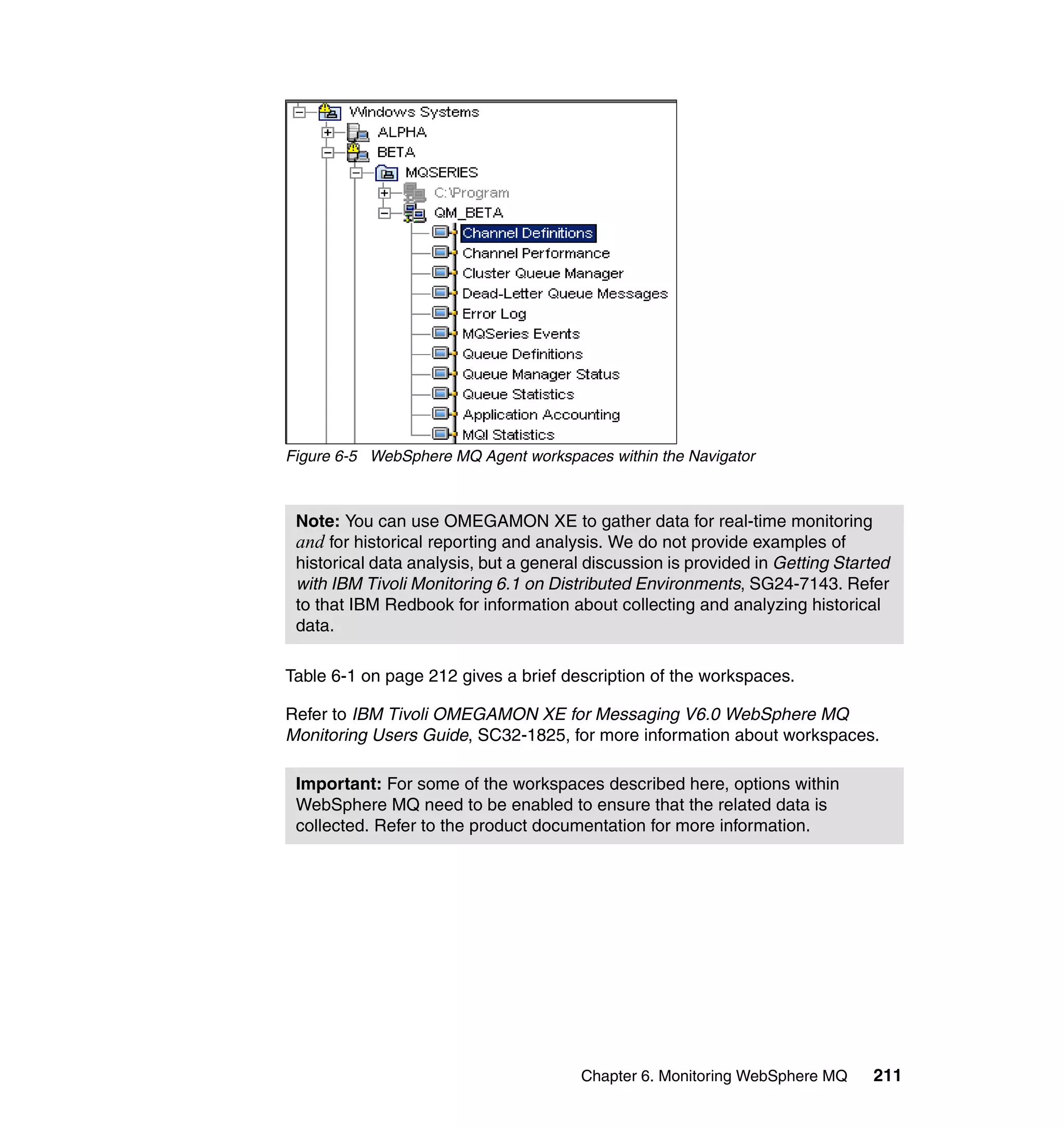 Figure 6-5 WebSphere MQ Agent workspaces within the Navigator



 Note: You can use OMEGAMON XE to gather data for real-time monitoring
 and for historical reporting and analysis. We do not provide examples of
 historical data analysis, but a general discussion is provided in Getting Started
 with IBM Tivoli Monitoring 6.1 on Distributed Environments, SG24-7143. Refer
 to that IBM Redbook for information about collecting and analyzing historical
 data.

Table 6-1 on page 212 gives a brief description of the workspaces.

Refer to IBM Tivoli OMEGAMON XE for Messaging V6.0 WebSphere MQ
Monitoring Users Guide, SC32-1825, for more information about workspaces.

 Important: For some of the workspaces described here, options within
 WebSphere MQ need to be enabled to ensure that the related data is
 collected. Refer to the product documentation for more information.




                                       Chapter 6. Monitoring WebSphere MQ      211
 
