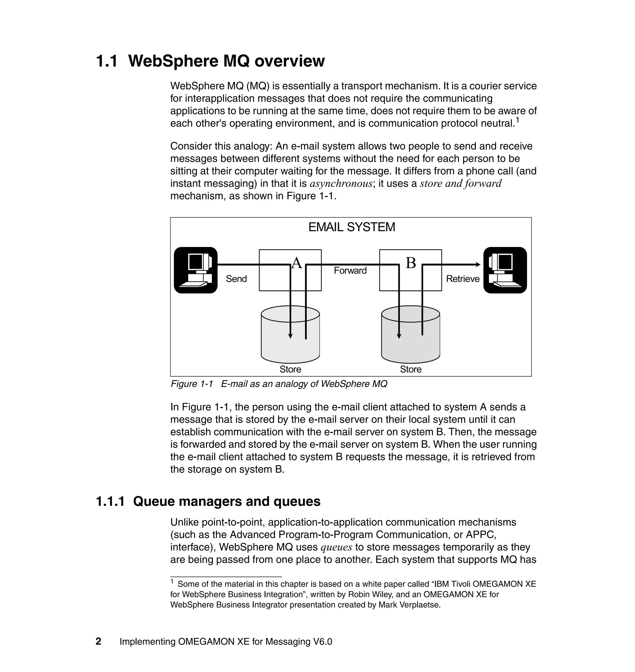 1.1 WebSphere MQ overview
              WebSphere MQ (MQ) is essentially a transport mechanism. It is a courier service
              for interapplication messages that does not require the communicating
              applications to be running at the same time, does not require them to be aware of
              each other's operating environment, and is communication protocol neutral.1

              Consider this analogy: An e-mail system allows two people to send and receive
              messages between different systems without the need for each person to be
              sitting at their computer waiting for the message. It differs from a phone call (and
              instant messaging) in that it is asynchronous; it uses a store and forward
              mechanism, as shown in Figure 1-1.


                                                  EMAIL SYSTEM

                                             A          Forward
                                                                           B
                            Send                                                     Retrieve




                                          Store                          Store
              Figure 1-1 E-mail as an analogy of WebSphere MQ

              In Figure 1-1, the person using the e-mail client attached to system A sends a
              message that is stored by the e-mail server on their local system until it can
              establish communication with the e-mail server on system B. Then, the message
              is forwarded and stored by the e-mail server on system B. When the user running
              the e-mail client attached to system B requests the message, it is retrieved from
              the storage on system B.


1.1.1 Queue managers and queues
              Unlike point-to-point, application-to-application communication mechanisms
              (such as the Advanced Program-to-Program Communication, or APPC,
              interface), WebSphere MQ uses queues to store messages temporarily as they
              are being passed from one place to another. Each system that supports MQ has
              1
                Some of the material in this chapter is based on a white paper called “IBM Tivoli OMEGAMON XE
              for WebSphere Business Integration”, written by Robin Wiley, and an OMEGAMON XE for
              WebSphere Business Integrator presentation created by Mark Verplaetse.



2   Implementing OMEGAMON XE for Messaging V6.0
 