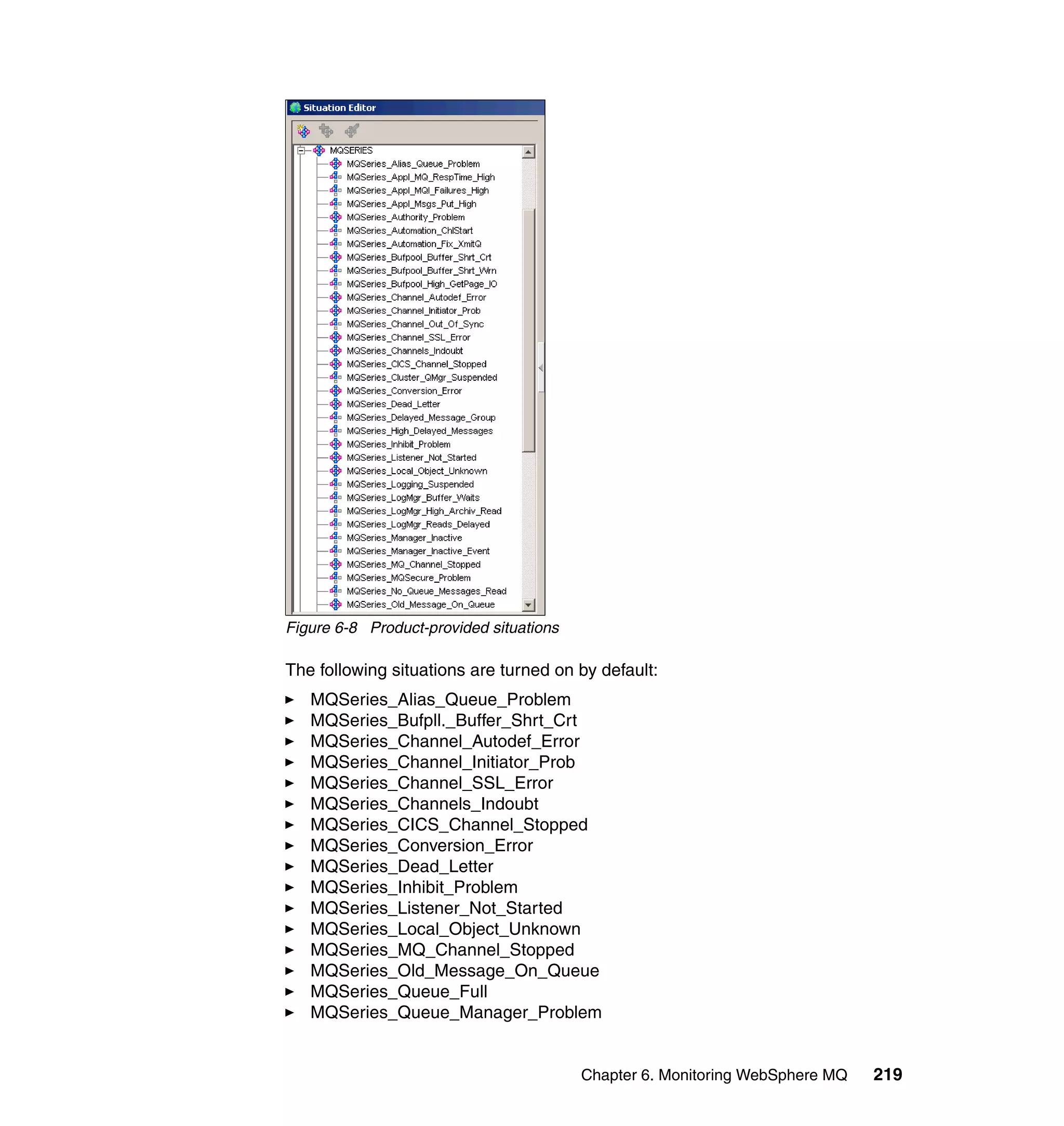 Figure 6-8 Product-provided situations

The following situations are turned on by default:
   MQSeries_Alias_Queue_Problem
   MQSeries_Bufpll._Buffer_Shrt_Crt
   MQSeries_Channel_Autodef_Error
   MQSeries_Channel_Initiator_Prob
   MQSeries_Channel_SSL_Error
   MQSeries_Channels_Indoubt
   MQSeries_CICS_Channel_Stopped
   MQSeries_Conversion_Error
   MQSeries_Dead_Letter
   MQSeries_Inhibit_Problem
   MQSeries_Listener_Not_Started
   MQSeries_Local_Object_Unknown
   MQSeries_MQ_Channel_Stopped
   MQSeries_Old_Message_On_Queue
   MQSeries_Queue_Full
   MQSeries_Queue_Manager_Problem


                                         Chapter 6. Monitoring WebSphere MQ   219
 
