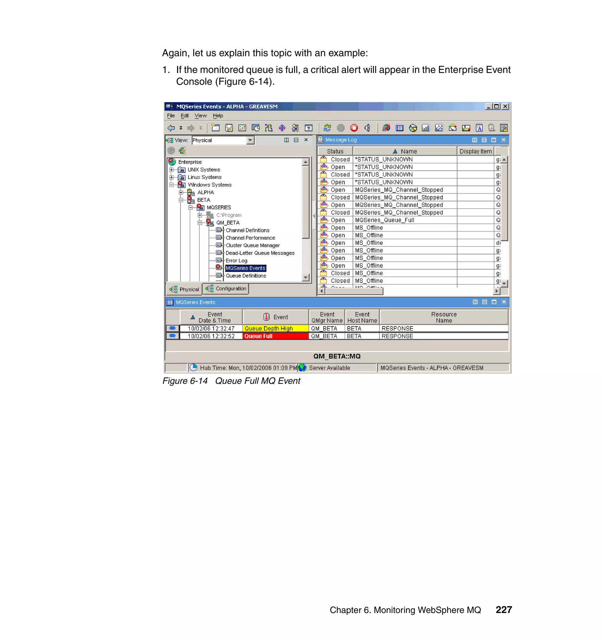 Again, let us explain this topic with an example:
1. If the monitored queue is full, a critical alert will appear in the Enterprise Event
   Console (Figure 6-14).




Figure 6-14 Queue Full MQ Event




                                         Chapter 6. Monitoring WebSphere MQ        227
 