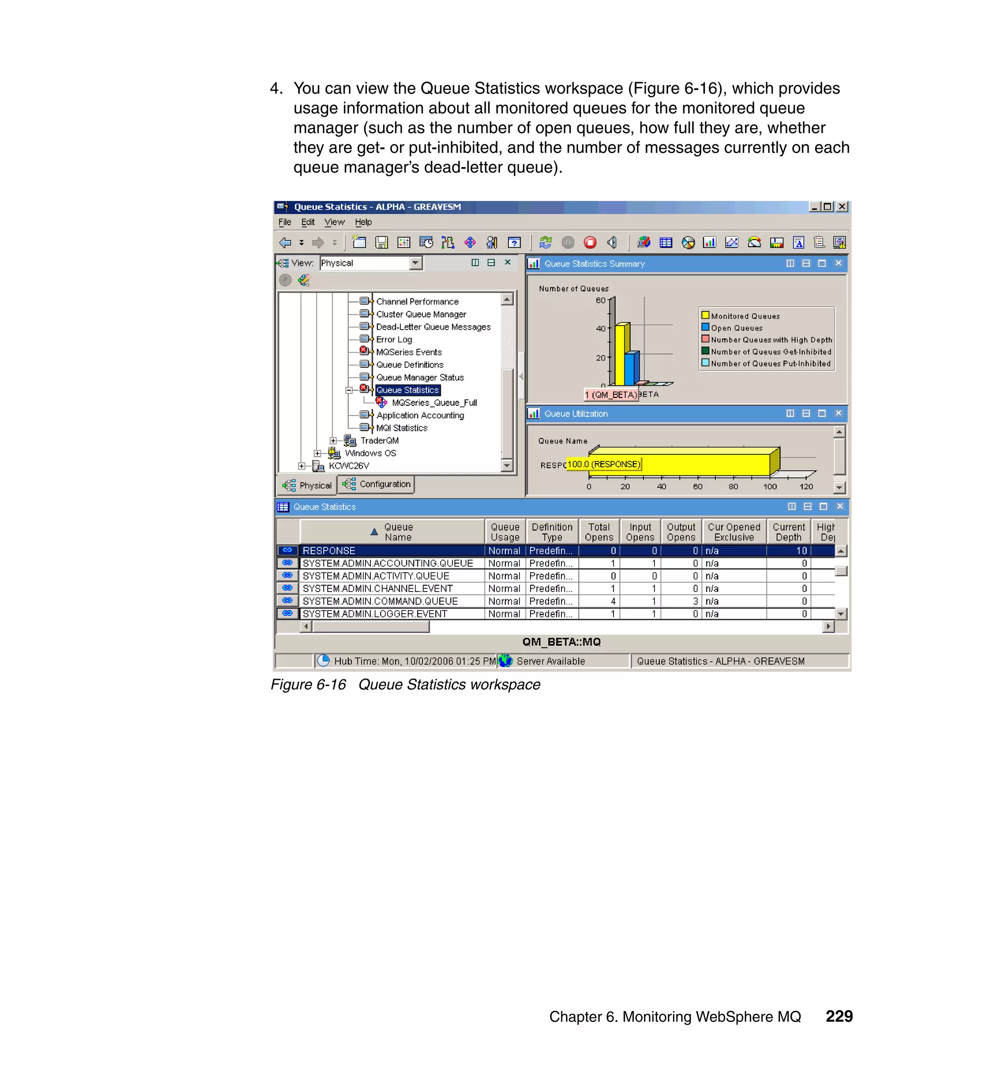 4. You can view the Queue Statistics workspace (Figure 6-16), which provides
   usage information about all monitored queues for the monitored queue
   manager (such as the number of open queues, how full they are, whether
   they are get- or put-inhibited, and the number of messages currently on each
   queue manager’s dead-letter queue).




Figure 6-16 Queue Statistics workspace




                                         Chapter 6. Monitoring WebSphere MQ   229
 