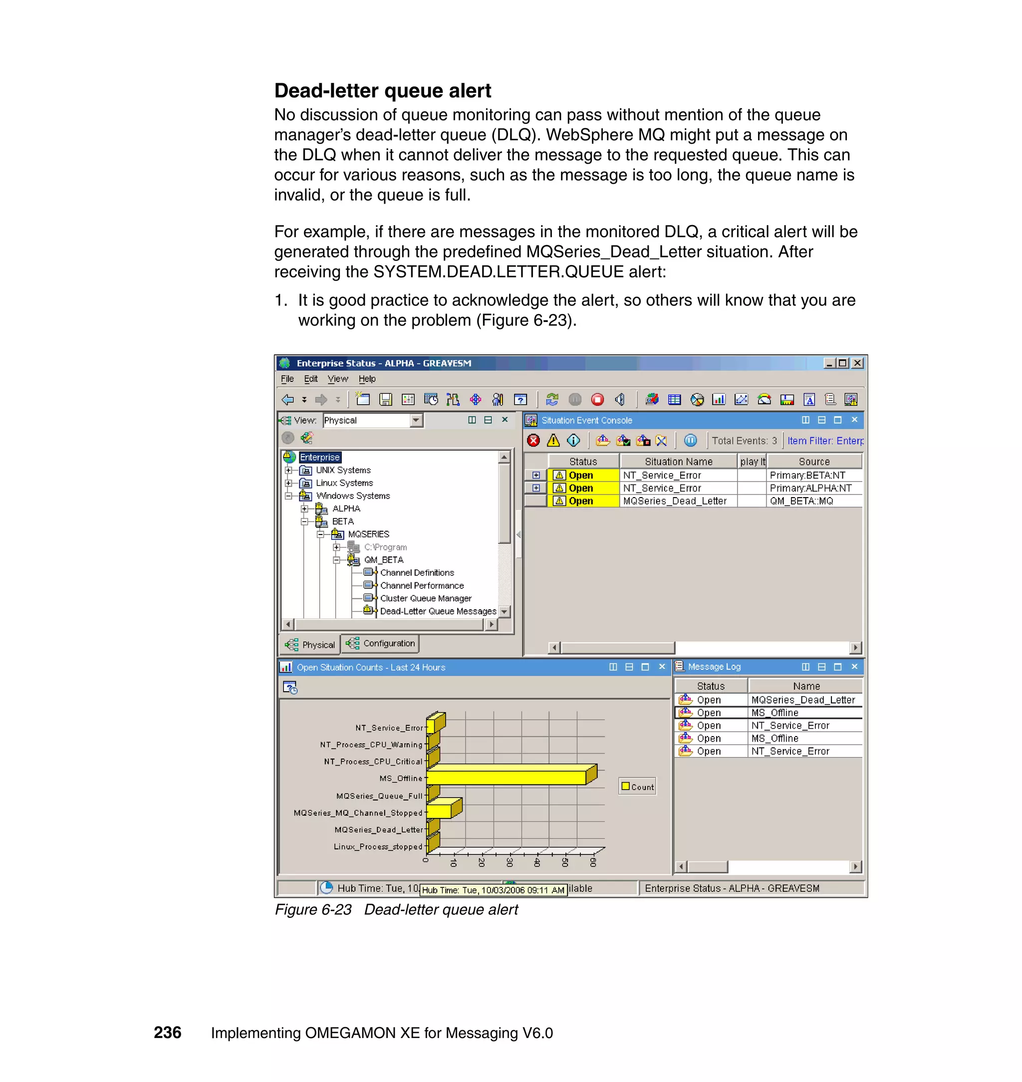 Dead-letter queue alert
             No discussion of queue monitoring can pass without mention of the queue
             manager’s dead-letter queue (DLQ). WebSphere MQ might put a message on
             the DLQ when it cannot deliver the message to the requested queue. This can
             occur for various reasons, such as the message is too long, the queue name is
             invalid, or the queue is full.

             For example, if there are messages in the monitored DLQ, a critical alert will be
             generated through the predefined MQSeries_Dead_Letter situation. After
             receiving the SYSTEM.DEAD.LETTER.QUEUE alert:
             1. It is good practice to acknowledge the alert, so others will know that you are
                working on the problem (Figure 6-23).




             Figure 6-23 Dead-letter queue alert




236   Implementing OMEGAMON XE for Messaging V6.0
 