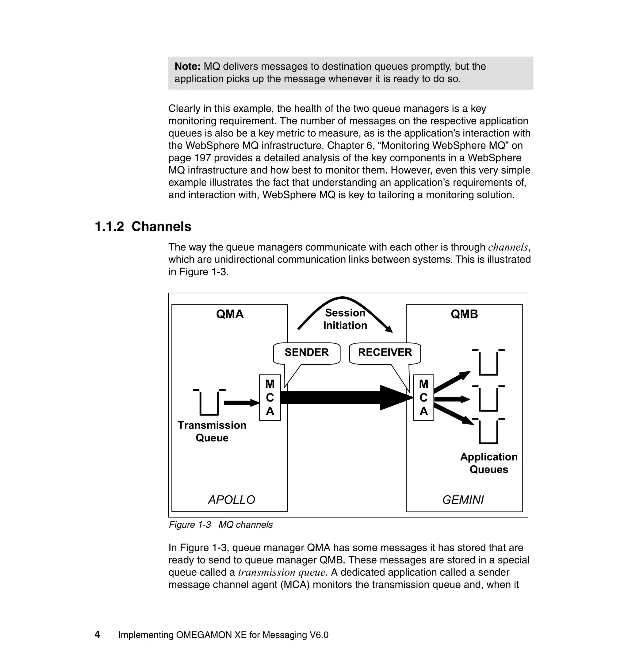 Note: MQ delivers messages to destination queues promptly, but the
               application picks up the message whenever it is ready to do so.

              Clearly in this example, the health of the two queue managers is a key
              monitoring requirement. The number of messages on the respective application
              queues is also be a key metric to measure, as is the application’s interaction with
              the WebSphere MQ infrastructure. Chapter 6, “Monitoring WebSphere MQ” on
              page 197 provides a detailed analysis of the key components in a WebSphere
              MQ infrastructure and how best to monitor them. However, even this very simple
              example illustrates the fact that understanding an application’s requirements of,
              and interaction with, WebSphere MQ is key to tailoring a monitoring solution.


1.1.2 Channels
              The way the queue managers communicate with each other is through channels,
              which are unidirectional communication links between systems. This is illustrated
              in Figure 1-3.



                        QMA                       Session                     QMB
                                                 Initiation

                                        SENDER           RECEIVER


                                    M                                  M
                                    C                                  C
                                    A                                  A
                Transmission
                   Queue
                                                                                Application
                                                                                 Queues

                       APOLLO                                               GEMINI

              Figure 1-3 MQ channels

              In Figure 1-3, queue manager QMA has some messages it has stored that are
              ready to send to queue manager QMB. These messages are stored in a special
              queue called a transmission queue. A dedicated application called a sender
              message channel agent (MCA) monitors the transmission queue and, when it



4   Implementing OMEGAMON XE for Messaging V6.0
 