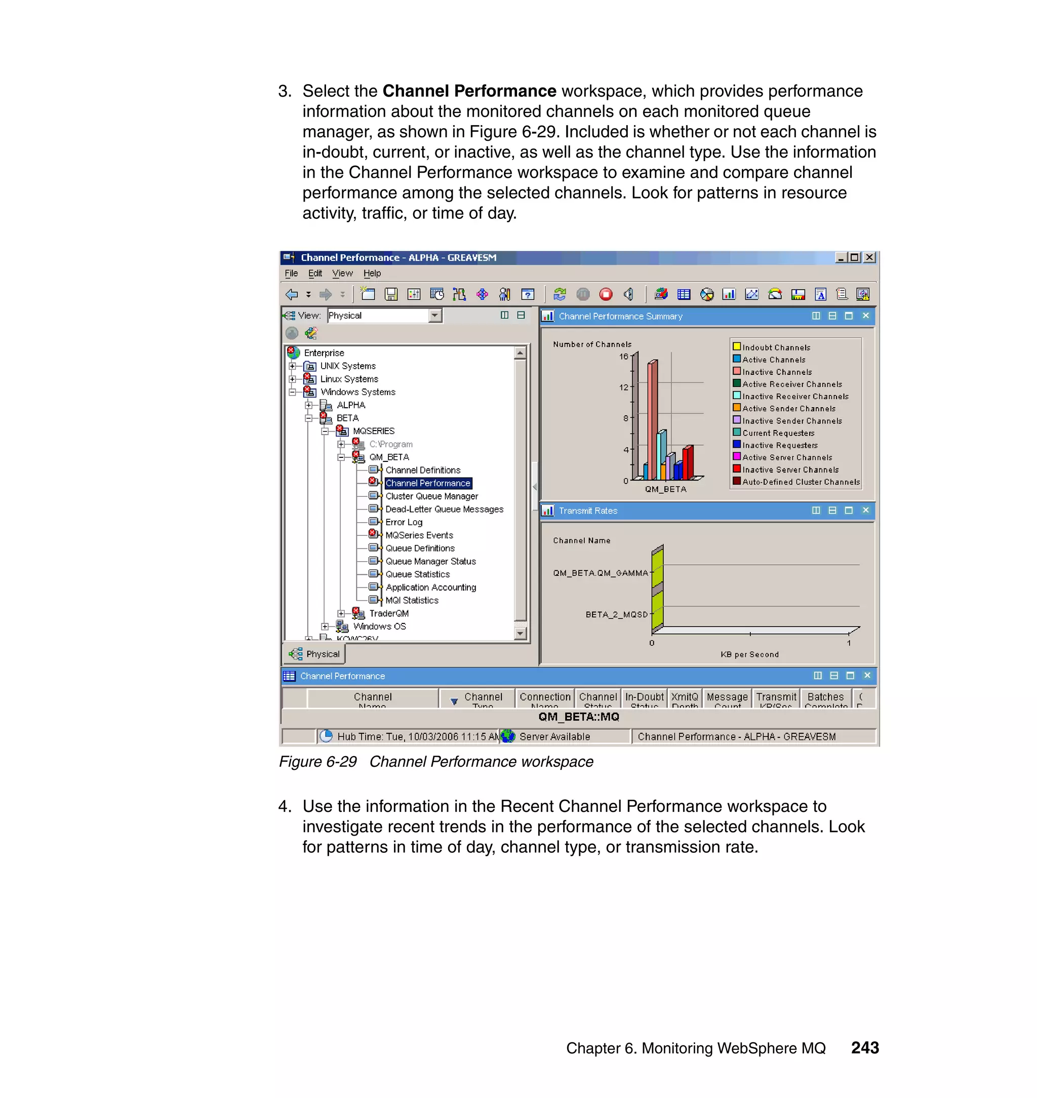 3. Select the Channel Performance workspace, which provides performance
   information about the monitored channels on each monitored queue
   manager, as shown in Figure 6-29. Included is whether or not each channel is
   in-doubt, current, or inactive, as well as the channel type. Use the information
   in the Channel Performance workspace to examine and compare channel
   performance among the selected channels. Look for patterns in resource
   activity, traffic, or time of day.




Figure 6-29 Channel Performance workspace

4. Use the information in the Recent Channel Performance workspace to
   investigate recent trends in the performance of the selected channels. Look
   for patterns in time of day, channel type, or transmission rate.




                                       Chapter 6. Monitoring WebSphere MQ      243
 