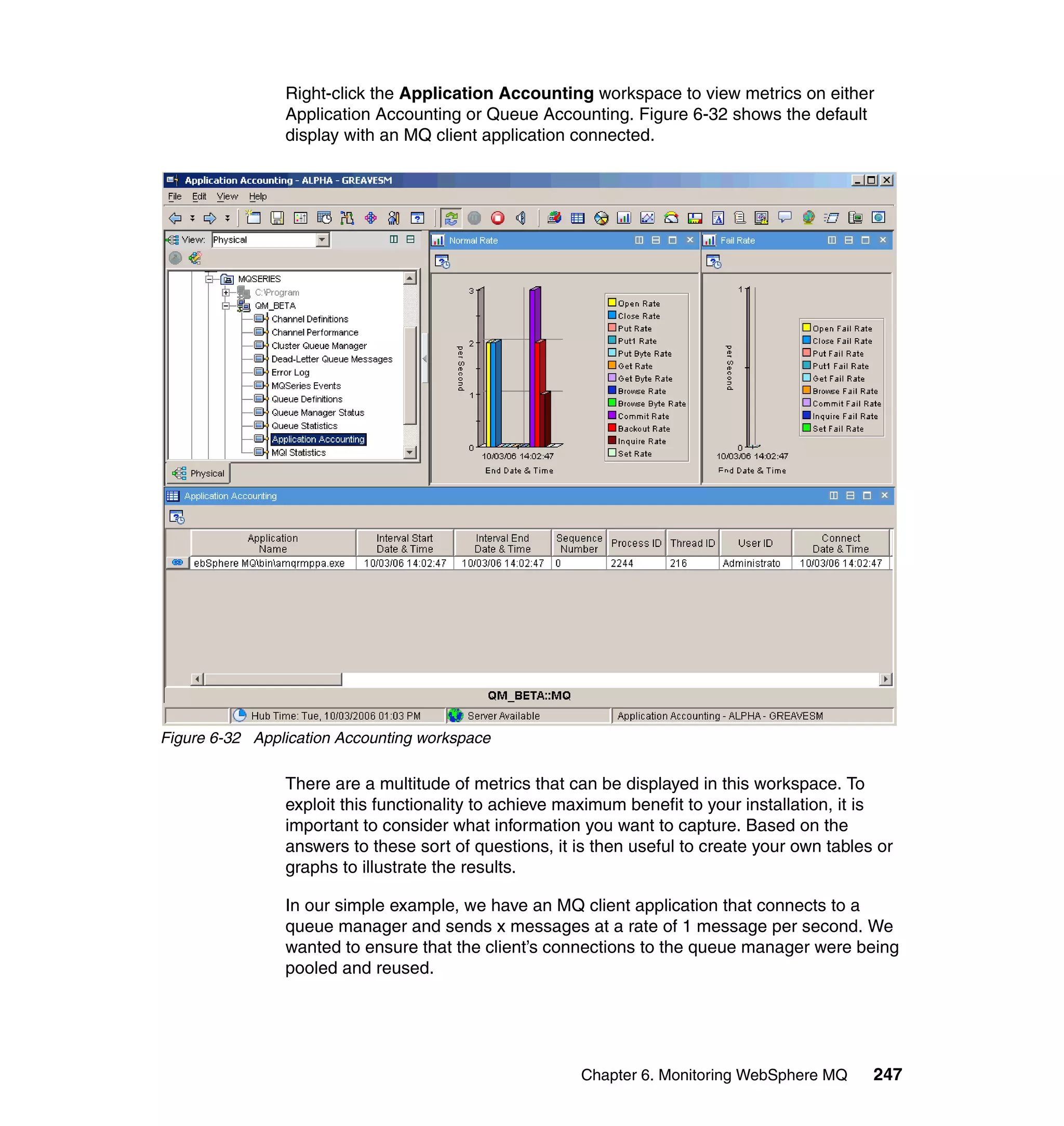 Right-click the Application Accounting workspace to view metrics on either
                Application Accounting or Queue Accounting. Figure 6-32 shows the default
                display with an MQ client application connected.




Figure 6-32 Application Accounting workspace

                There are a multitude of metrics that can be displayed in this workspace. To
                exploit this functionality to achieve maximum benefit to your installation, it is
                important to consider what information you want to capture. Based on the
                answers to these sort of questions, it is then useful to create your own tables or
                graphs to illustrate the results.

                In our simple example, we have an MQ client application that connects to a
                queue manager and sends x messages at a rate of 1 message per second. We
                wanted to ensure that the client’s connections to the queue manager were being
                pooled and reused.




                                                       Chapter 6. Monitoring WebSphere MQ      247
 