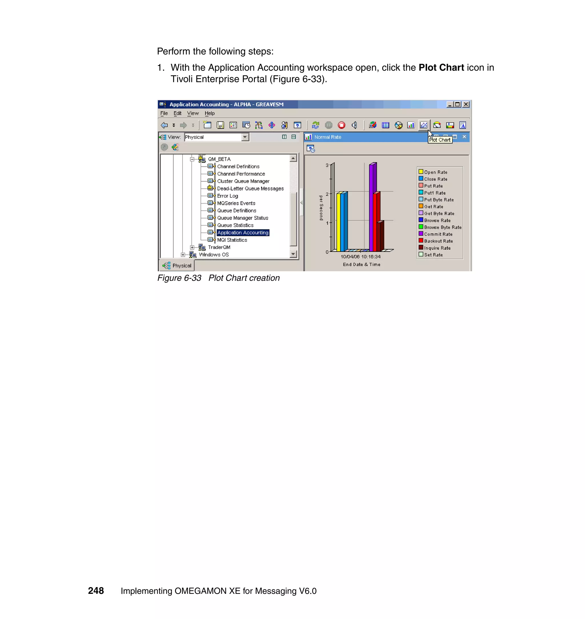 Perform the following steps:
             1. With the Application Accounting workspace open, click the Plot Chart icon in
                Tivoli Enterprise Portal (Figure 6-33).




             Figure 6-33 Plot Chart creation




248   Implementing OMEGAMON XE for Messaging V6.0
 