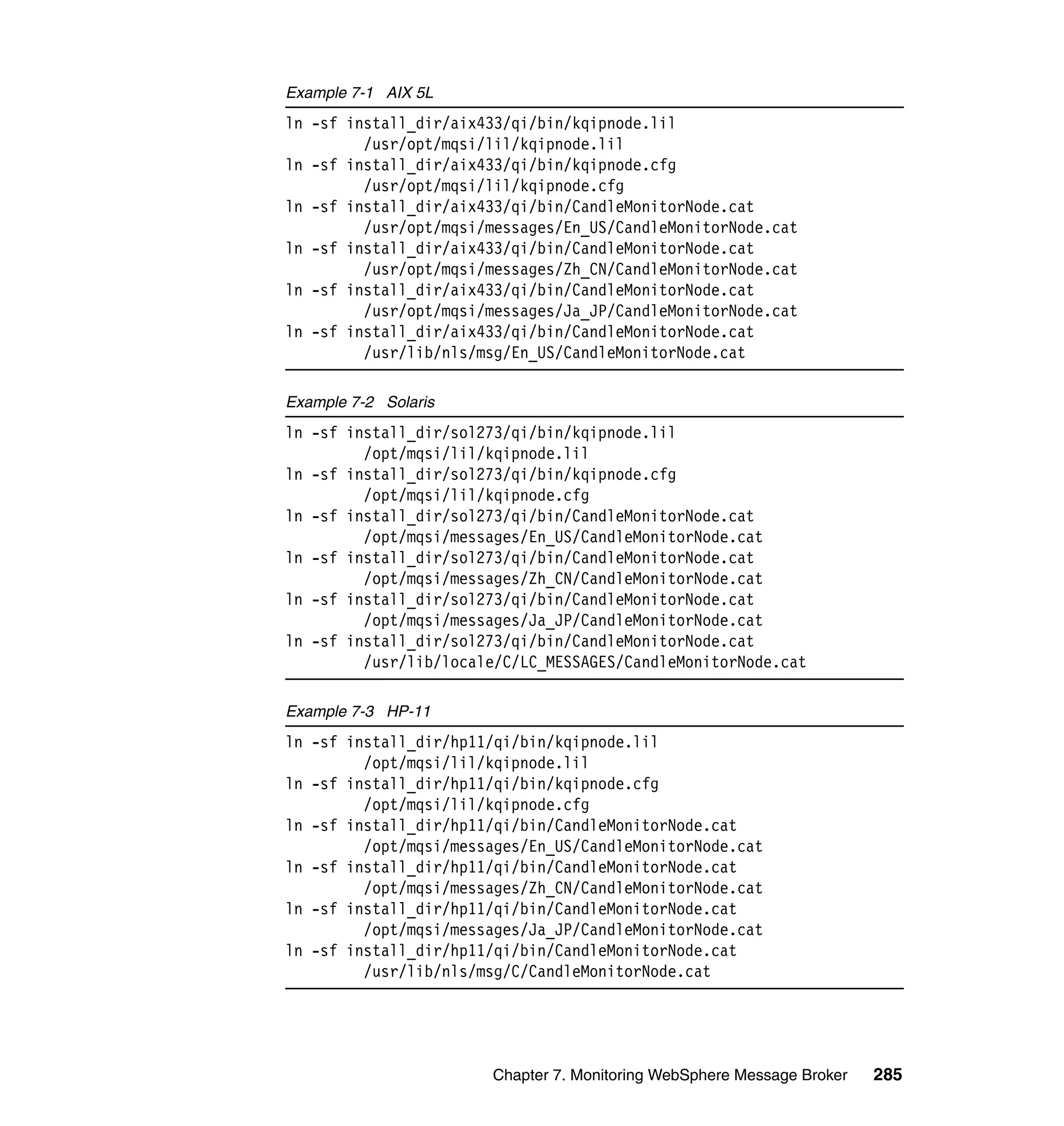 Example 7-1 AIX 5L
ln -sf install_dir/aix433/qi/bin/kqipnode.lil
         /usr/opt/mqsi/lil/kqipnode.lil
ln -sf install_dir/aix433/qi/bin/kqipnode.cfg
         /usr/opt/mqsi/lil/kqipnode.cfg
ln -sf install_dir/aix433/qi/bin/CandleMonitorNode.cat
         /usr/opt/mqsi/messages/En_US/CandleMonitorNode.cat
ln -sf install_dir/aix433/qi/bin/CandleMonitorNode.cat
         /usr/opt/mqsi/messages/Zh_CN/CandleMonitorNode.cat
ln -sf install_dir/aix433/qi/bin/CandleMonitorNode.cat
         /usr/opt/mqsi/messages/Ja_JP/CandleMonitorNode.cat
ln -sf install_dir/aix433/qi/bin/CandleMonitorNode.cat
         /usr/lib/nls/msg/En_US/CandleMonitorNode.cat

Example 7-2 Solaris
ln -sf install_dir/sol273/qi/bin/kqipnode.lil
         /opt/mqsi/lil/kqipnode.lil
ln -sf install_dir/sol273/qi/bin/kqipnode.cfg
         /opt/mqsi/lil/kqipnode.cfg
ln -sf install_dir/sol273/qi/bin/CandleMonitorNode.cat
         /opt/mqsi/messages/En_US/CandleMonitorNode.cat
ln -sf install_dir/sol273/qi/bin/CandleMonitorNode.cat
         /opt/mqsi/messages/Zh_CN/CandleMonitorNode.cat
ln -sf install_dir/sol273/qi/bin/CandleMonitorNode.cat
         /opt/mqsi/messages/Ja_JP/CandleMonitorNode.cat
ln -sf install_dir/sol273/qi/bin/CandleMonitorNode.cat
         /usr/lib/locale/C/LC_MESSAGES/CandleMonitorNode.cat

Example 7-3 HP-11
ln -sf install_dir/hp11/qi/bin/kqipnode.lil
         /opt/mqsi/lil/kqipnode.lil
ln -sf install_dir/hp11/qi/bin/kqipnode.cfg
         /opt/mqsi/lil/kqipnode.cfg
ln -sf install_dir/hp11/qi/bin/CandleMonitorNode.cat
         /opt/mqsi/messages/En_US/CandleMonitorNode.cat
ln -sf install_dir/hp11/qi/bin/CandleMonitorNode.cat
         /opt/mqsi/messages/Zh_CN/CandleMonitorNode.cat
ln -sf install_dir/hp11/qi/bin/CandleMonitorNode.cat
         /opt/mqsi/messages/Ja_JP/CandleMonitorNode.cat
ln -sf install_dir/hp11/qi/bin/CandleMonitorNode.cat
         /usr/lib/nls/msg/C/CandleMonitorNode.cat




                       Chapter 7. Monitoring WebSphere Message Broker   285
 
