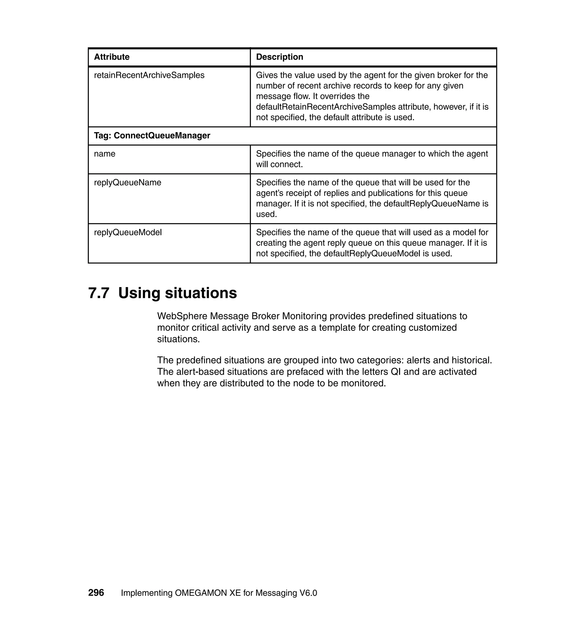 Attribute                            Description

 retainRecentArchiveSamples           Gives the value used by the agent for the given broker for the
                                      number of recent archive records to keep for any given
                                      message flow. It overrides the
                                      defaultRetainRecentArchiveSamples attribute, however, if it is
                                      not specified, the default attribute is used.

 Tag: ConnectQueueManager

 name                                 Specifies the name of the queue manager to which the agent
                                      will connect.

 replyQueueName                       Specifies the name of the queue that will be used for the
                                      agent’s receipt of replies and publications for this queue
                                      manager. If it is not specified, the defaultReplyQueueName is
                                      used.

 replyQueueModel                      Specifies the name of the queue that will used as a model for
                                      creating the agent reply queue on this queue manager. If it is
                                      not specified, the defaultReplyQueueModel is used.



7.7 Using situations
               WebSphere Message Broker Monitoring provides predefined situations to
               monitor critical activity and serve as a template for creating customized
               situations.

               The predefined situations are grouped into two categories: alerts and historical.
               The alert-based situations are prefaced with the letters QI and are activated
               when they are distributed to the node to be monitored.




296     Implementing OMEGAMON XE for Messaging V6.0
 