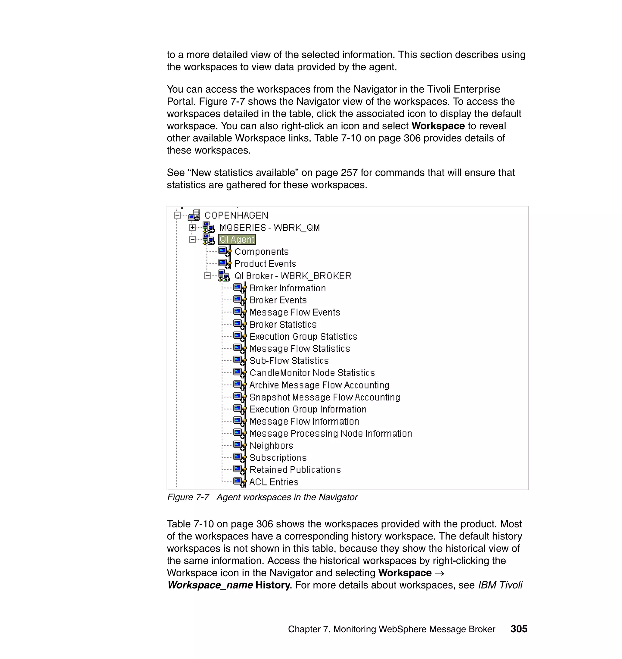to a more detailed view of the selected information. This section describes using
the workspaces to view data provided by the agent.

You can access the workspaces from the Navigator in the Tivoli Enterprise
Portal. Figure 7-7 shows the Navigator view of the workspaces. To access the
workspaces detailed in the table, click the associated icon to display the default
workspace. You can also right-click an icon and select Workspace to reveal
other available Workspace links. Table 7-10 on page 306 provides details of
these workspaces.

See “New statistics available” on page 257 for commands that will ensure that
statistics are gathered for these workspaces.




Figure 7-7 Agent workspaces in the Navigator

Table 7-10 on page 306 shows the workspaces provided with the product. Most
of the workspaces have a corresponding history workspace. The default history
workspaces is not shown in this table, because they show the historical view of
the same information. Access the historical workspaces by right-clicking the
Workspace icon in the Navigator and selecting Workspace →
Workspace_name History. For more details about workspaces, see IBM Tivoli



                            Chapter 7. Monitoring WebSphere Message Broker     305
 