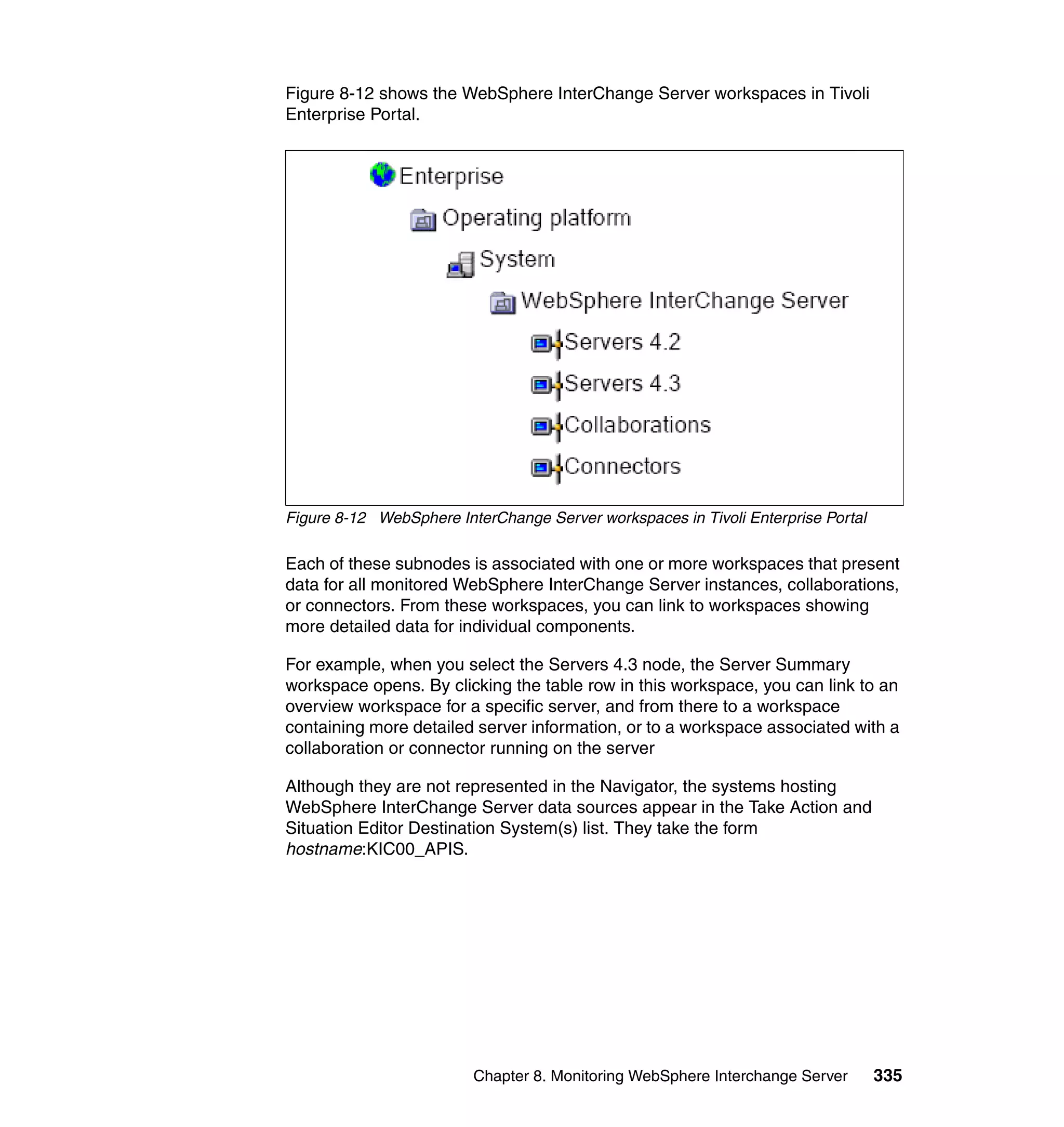 Figure 8-12 shows the WebSphere InterChange Server workspaces in Tivoli
Enterprise Portal.




Figure 8-12 WebSphere InterChange Server workspaces in Tivoli Enterprise Portal

Each of these subnodes is associated with one or more workspaces that present
data for all monitored WebSphere InterChange Server instances, collaborations,
or connectors. From these workspaces, you can link to workspaces showing
more detailed data for individual components.

For example, when you select the Servers 4.3 node, the Server Summary
workspace opens. By clicking the table row in this workspace, you can link to an
overview workspace for a specific server, and from there to a workspace
containing more detailed server information, or to a workspace associated with a
collaboration or connector running on the server

Although they are not represented in the Navigator, the systems hosting
WebSphere InterChange Server data sources appear in the Take Action and
Situation Editor Destination System(s) list. They take the form
hostname:KIC00_APIS.




                         Chapter 8. Monitoring WebSphere Interchange Server       335
 