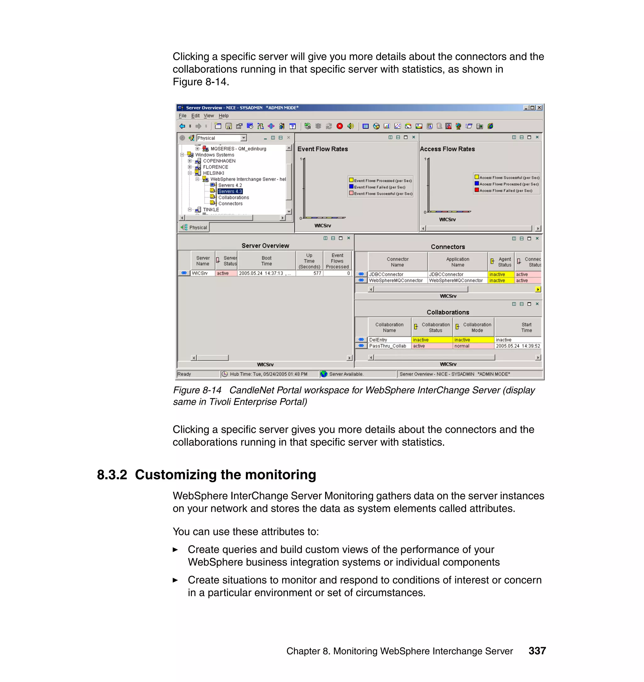 Clicking a specific server will give you more details about the connectors and the
           collaborations running in that specific server with statistics, as shown in
           Figure 8-14.




           Figure 8-14 CandleNet Portal workspace for WebSphere InterChange Server (display
           same in Tivoli Enterprise Portal)

           Clicking a specific server gives you more details about the connectors and the
           collaborations running in that specific server with statistics.


8.3.2 Customizing the monitoring
           WebSphere InterChange Server Monitoring gathers data on the server instances
           on your network and stores the data as system elements called attributes.

           You can use these attributes to:
              Create queries and build custom views of the performance of your
              WebSphere business integration systems or individual components
              Create situations to monitor and respond to conditions of interest or concern
              in a particular environment or set of circumstances.




                                    Chapter 8. Monitoring WebSphere Interchange Server   337
 