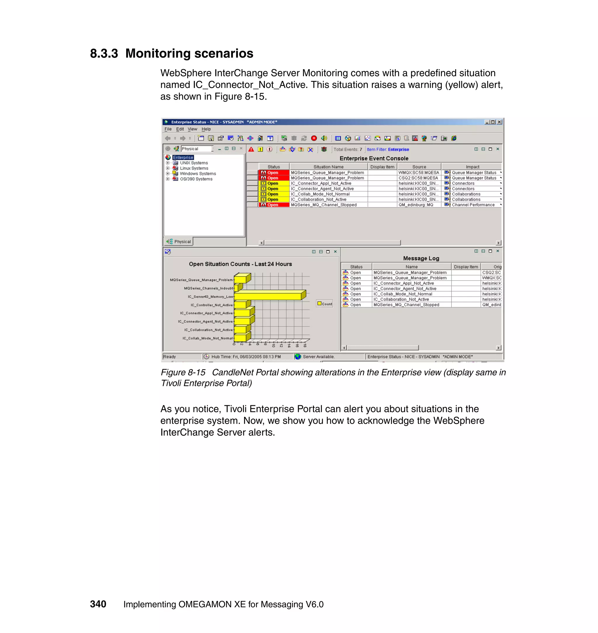 8.3.3 Monitoring scenarios
             WebSphere InterChange Server Monitoring comes with a predefined situation
             named IC_Connector_Not_Active. This situation raises a warning (yellow) alert,
             as shown in Figure 8-15.




             Figure 8-15 CandleNet Portal showing alterations in the Enterprise view (display same in
             Tivoli Enterprise Portal)

             As you notice, Tivoli Enterprise Portal can alert you about situations in the
             enterprise system. Now, we show you how to acknowledge the WebSphere
             InterChange Server alerts.




340   Implementing OMEGAMON XE for Messaging V6.0
 