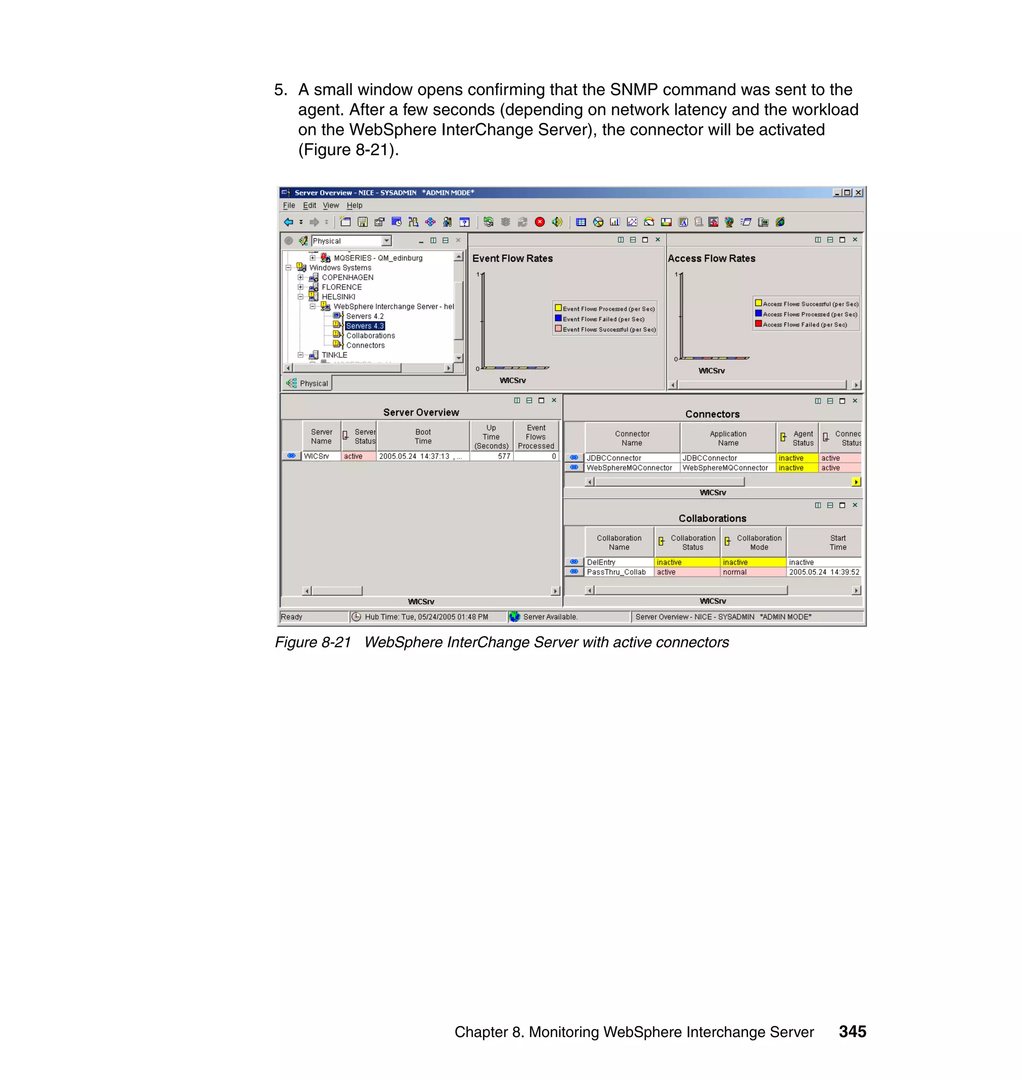 5. A small window opens confirming that the SNMP command was sent to the
   agent. After a few seconds (depending on network latency and the workload
   on the WebSphere InterChange Server), the connector will be activated
   (Figure 8-21).




Figure 8-21 WebSphere InterChange Server with active connectors




                         Chapter 8. Monitoring WebSphere Interchange Server   345
 