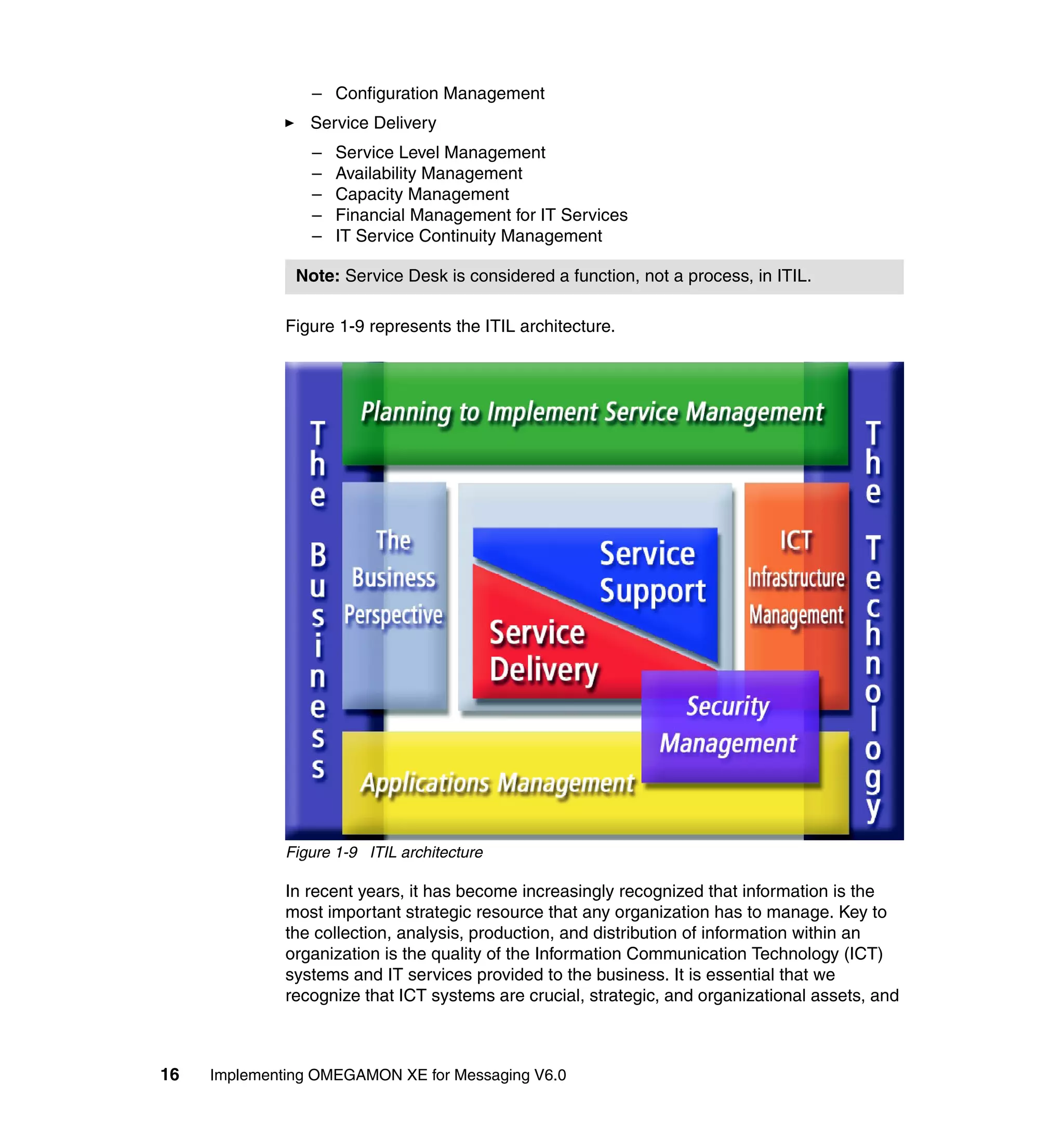 – Configuration Management
                 Service Delivery
                 –   Service Level Management
                 –   Availability Management
                 –   Capacity Management
                 –   Financial Management for IT Services
                 –   IT Service Continuity Management

               Note: Service Desk is considered a function, not a process, in ITIL.

              Figure 1-9 represents the ITIL architecture.




              Figure 1-9 ITIL architecture

              In recent years, it has become increasingly recognized that information is the
              most important strategic resource that any organization has to manage. Key to
              the collection, analysis, production, and distribution of information within an
              organization is the quality of the Information Communication Technology (ICT)
              systems and IT services provided to the business. It is essential that we
              recognize that ICT systems are crucial, strategic, and organizational assets, and



16   Implementing OMEGAMON XE for Messaging V6.0
 