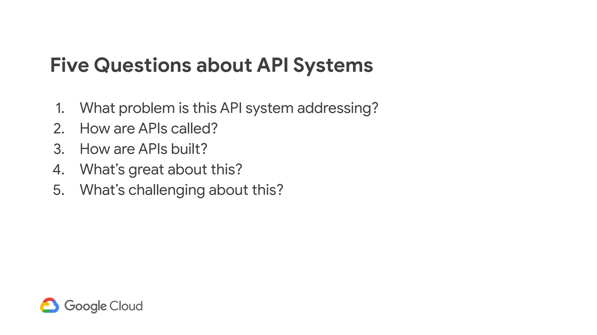 Five Questions about API Systems
1. What problem is this API system addressing?
2. How are APIs called?
3. How are APIs built?
4. What&rsquo;s great about this?
5. What&rsquo;s challenging about this?
 