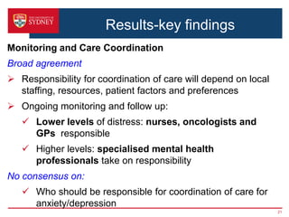 Results-key findings
Monitoring and Care Coordination
Broad agreement
 Responsibility for coordination of care will depend on local
staffing, resources, patient factors and preferences
 Ongoing monitoring and follow up:
 Lower levels of distress: nurses, oncologists and
GPs responsible
 Higher levels: specialised mental health
professionals take on responsibility
No consensus on:
 Who should be responsible for coordination of care for
anxiety/depression
21
 