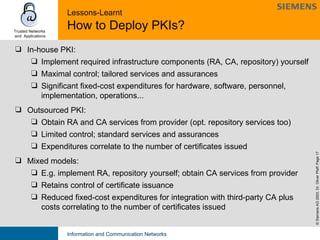 Lessons-Learnt  How to Deploy PKIs? In-house PKI: Implement required infrastructure components (RA, CA, repository) yourself Maximal control; tailored services and assurances Significant fixed-cost expenditures for hardware, software, personnel, implementation, operations... Outsourced PKI: Obtain RA and CA services from provider (opt. repository services too) Limited control; standard services and assurances Expenditures correlate to the number of certificates issued Mixed models: E.g. implement RA, repository yourself; obtain CA services from provider Retains control of certificate issuance Reduced fixed-cost expenditures for integration with third-party CA plus  costs correlating to the number of certificates issued 