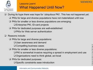 Lessons-Learnt What Happened Until Now? During its hype there was hope for ‘ubiquitous PKI‘. This has not happened yet:  PKIs for large and diverse populations have not materialized until now  PKIs for smaller or less diverse populations are emerging: Enterprise PKI, ID-card projects PKIs for dedicated purposes are well-established: PKIs for Web server authentication Reasons include: PKIs for large and diverse populations: User awareness and demand Compelling business cases PKIs for smaller or less diverse populations: PKI is somewhat invasive requiring a spread in employment and use Organizations need to think global, act local PKIs for dedicated purposes: Specific constraints ease introduction 