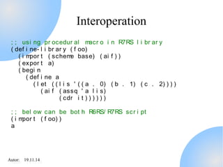 AAutuotro:r : 1 91.91.11.11.414 
Interoperation 
; ; usi ng pr ocedur al macr o i n R7RS l i br ar y 
( def i ne- l i br ar y ( f oo) 
( i mpor t ( scheme base) ( ai f ) ) 
( expor t a) 
( begi n 
( def i ne a 
( l et ( ( l i s ' ( ( a . 0) ( b . 1) ( c . 2) ) ) ) 
( ai f ( assq ' a l i s) 
( cdr i t ) ) ) ) ) ) 
; ; bel ow can be bot h R6RS/ R7RS scr i pt 
( i mpor t ( f oo) ) 
a 
 