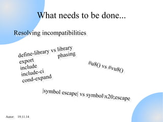 define-library vs library 
export phasing 
include 
include-ci 
cond-expand 
AAutuotro:r : 1 91.91.11.11.414 
What needs to be done... 
RReessoollvviinngg i innccoommppaattiibbiilliittiieess 
define-library vs library 
export phasing 
include 
include-ci 
cond-expand 
#u8() vs #vu8() #u8() vs #vu8() 
|symbol escape| vs symbolx20;escape |symbol escape| vs symbolx20;escape 
 