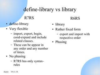AAutuotro:r : 1 91.91.11.11.414 
define-library vs library 
R7RS 
● define-library 
● Very flexible 
– import, export, begin, 
cond-expand and include 
related clauses. 
– These can be appear in 
any order and any number 
of times. 
● No phasing 
– R7RS has only syntax-rules 
R6RS 
● library 
● Rather fixed form 
– export and import with 
respective order 
● Phasing 
 
