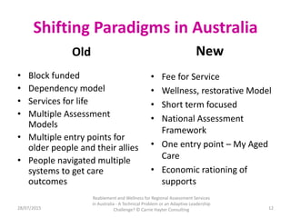 Shifting Paradigms in Australia
Old
• Block funded
• Dependency model
• Services for life
• Multiple Assessment
Models
• M...