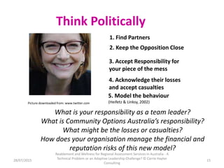 Think Politically
1. Find Partners
2. Keep the Opposition Close
3. Accept Responsibility for
your piece of the mess
4. Ack...