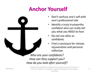 Anchor Yourself
• Don’t confuse one’s self with
one’s professional role
• Identify a truly trustworthy
confidant who can r...
