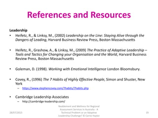 References and Resources
Leadership
• Heifetz, R., & Linksy, M., (2002) Leadership on the Line: Staying Alive through the
...