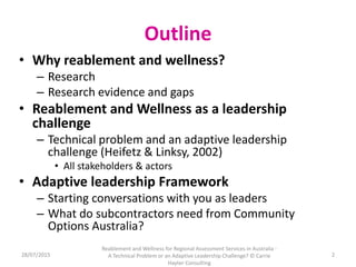 Outline
• Why reablement and wellness?
– Research
– Research evidence and gaps
• Reablement and Wellness as a leadership
c...