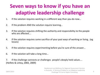 Seven ways to know if you have an
adaptive leadership challenge
1. If the solution requires working in a different way tha...