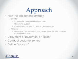 Approach
• Plan the project and artifacts
o Charter
• Include clearly defined business issue
• Determine budget
• Clarify roles – be specific, with single ownership
o Artifacts
• Determine DMS/repository and create issues list, risks, change-
management plan
• Document procurement’s “Vision”
• Conduct customer survey
• Define “success”
 