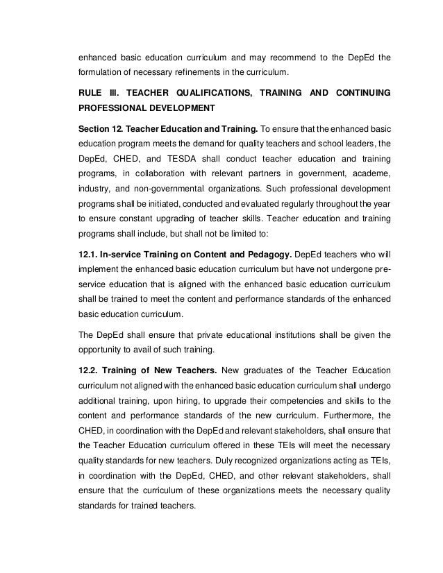Implementing rules and regulations of k to 12