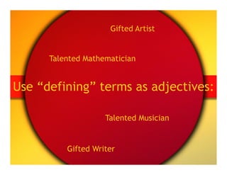 Gifted Artist


      Talented Mathematician


Use “defining” terms as adjectives:

                    Talented Musician


          Gifted Writer
 