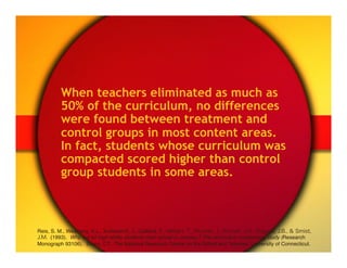 When teachers eliminated as much as
          50% of the curriculum, no differences
          were found between treatment and
          control groups in most content areas.
          In fact, students whose curriculum was
          compacted scored higher than control
          group students in some areas.



Reis, S. M., Westberg, K.L., Kulikowich, J., Caillard, F., Hébert, T., Plucker, J., Purcell, J.H., Rogers, J.B., & Smist,
J.M. (1993). Why not let high ability students start school in January? The curriculum compacting study (Research
Monograph 93106). Storrs, CT: The National Research Center on the Gifted and Talented, University of Connecticut."
 